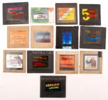 cca 1940-1950 Fekete György (1904-1990) budapesti fényképész specialitása a mozikban nagyfilmek előtt vetített álló diapozitív reklámképek voltak, ez az összeállítás a mozival kapcsolatos reklámokat, tájékoztatókat tartalmazza, 13 db diapozitív kép üveglemezen, egy része színezett, 8x8 cm és 6x5 cm közötti méretekben