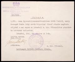 1941 Az Istanbuli m. kir. Főkonzulátus által kiállított nyugta. / 1941 Receipt issued by the Hungarian Consulate of Istanbul