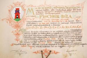 1928 Majs község díszpolgári oklevele Fischer Béla alispán Úr részére, elismerve fáradozásait a vill...