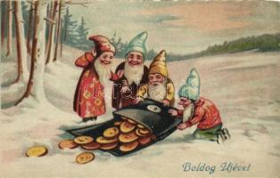 Dwarves with a purse of coins, New Year greeting card, litho (EK)