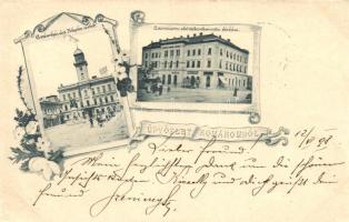 1898 Komárom, Komárno; Városház, Klapka szobor, Első Takarékpénztár bérháza / town hall, statue, bank, floral (EK)