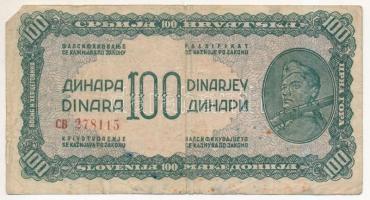 Jugoszlávia 1944. 100D T:III,III- Yugoslavia 1944. 100 Dinara C:F,VG