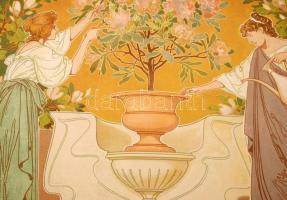 cca 1910 Virágápolás - Blumenpflege. Szecessziós litho George Sturm akvarellje után / Flower care ar...