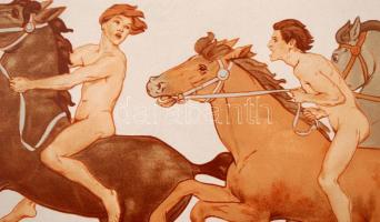 cca 1910 Lovasok. Szecessziós litho Gerhardt Heilmann akvarellje után / Riders litho after the water...