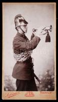 cca 1880 Budapesti tűzoltó, Szilágyi Jenő keményhátú fotója / cca 1880 Fire guard 9x16 cm