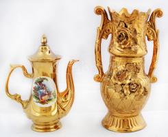 Arany teás készlet és váza, jelzés nélkül, apró hibákkal