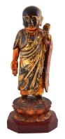 Antik álló Buddha templomi szobor. Aranyozott-festett fa, jelzés nélkül, festék lepattanásokkal, sérült ujjakkal / Antique standing Budha statue, gold layered, painted wood. m:57 cm