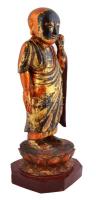 Antik álló Buddha templomi szobor. Aranyozott-festett fa, jelzés nélkül, festék lepattanásokkal, sér...