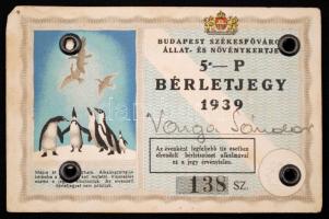 1939 Budapest Székesfőváros Állat- és Növénykertje Bérletjegy, fényképes. / 1939 Budapest zoo pass 11x7 cm