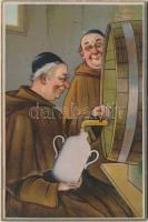 Wine drinking monks, incomplete mechanical card