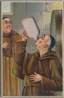 Wine drinking monks, incomplete mechanical card