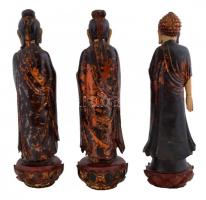 XIX. sz. Vietnám/Kambodzsa: Három álló Buddha festett faragott antik fa szobor, jelzés nélkül, festé...
