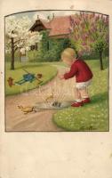 Child with ducks, August Rökl No. 1447, s: Pauli Ebner (felületi sérülés / damage on surface)