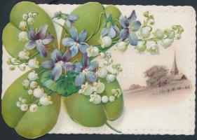 Clover, lily of the valley, church, litho, Emb., floral, small size (11,2 cm x 8 cm)