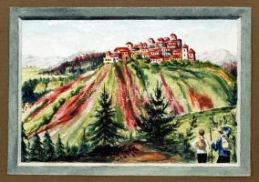 Sztelek jelzéssel: Város a hegyen. Akvarell, papír, 13×19 cm