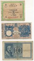 Olaszország 1915. 5L + 1935. 10L + Szövetséges megszállás 1943A 5L T:III,III- Italy 1915. 5 Lire + 1935. 10 Lire + Allied occupation 1943A 5 Lire C:F,VG