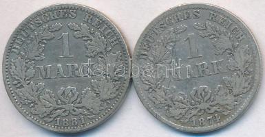 Német Birodalom 1874D-1881A 1M Ag (2x) T:2-,3 German Empire 1874D-1881A 1 Mark Ag (2x) C:VF,F