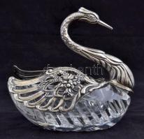 Ezüst (Ag.) hattyús fűszertartó, csiszolt ólomkristály testtel, jelzett (Albo 800), apró csorba az üveg alján, kinyitható szárnyakkal, 13×8 cm, m:13 cm / Silver Swan spices cellar with lead crystal, marks (Albo 800), very small crack 13 cm