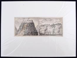 Peeters, Jacob - Bouttats, Caspar; Vorsterman Lucas: Briefve Description, et Demonstration des places et villes continue'es en ce livre: Exactement delinées comme elles font a present. (Anvers), 1686. (Jacques Peeters.) Az antwerpeni rézmetsző és kiadó városképgyűjteményének magyar vonatkozású lapjai egy tételben. 21 db városképes metszet.  Pressburg, Vesprin, Raab, Iula, Komara, Erla, Solnock, Sixo-Kalo, Cassauw, Palotta, Waradin, St. Martinsbergh, Schombock, Nitria, Papa, Villeck, Ziget, St. Nicolaes, St. Servaes, Sadtwaer - Sacmar, + Graz Minden metzset igényesen és egységesen paszpartuzva, hátoldalán több nyelvű szöveges ismertetővel. Mindegyik szép állapotú,  tiszta metszet, több kiadásból összeválogatva. Lapméretek kb 18x29 cm. cca 1686 Vintage etchings of Hungarian castles + Graz from the editor and etcher Jacob Peeters and Caspar Bouttats. 21 etchings in quality paspartu on the backside with French and Dutch desciprtions of the items. Sheet size: ~ 18x29 cm Paspartu size: 40x30 cm