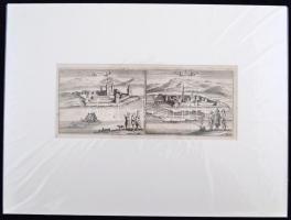Peeters, Jacob - Bouttats, Caspar; Vorsterman Lucas: Briefve Description, et Demonstration des places et villes continue'es en ce livre: Exactement delinées comme elles font a present. (Anvers), 1686. (Jacques Peeters.) Az antwerpeni kiadó és rézmetszők városképgyűjteményének magyar vonatkozású lapjai egy tételben. 21 db városképes metszet.  Sisect - Petrinia, Belgrado, Fünfkirchen, Eszéki híd, Serinwar - Zatmar, Canisia, Temeswar, Verebel - Giszing, Newheusen, Stigonium vulgo Gran, Plinderburgh, Novigrad, Waitzen, Pesth, Alba Regalis, Sendrae, Haftwan, Pressburg - Buda, Rechnitz - Lewentz, Tottis, Nembti - Sengroi.  Minden metzset igényesen és egységesen paszpartuzva, hátoldalán több nyelvű szöveges ismertetővel. Mindegyik szép állapotú,  tiszta metszet, több kiadásból összeválogatva.  cca 1686 Vintage etchings of Hungarian castles from the editor and etcher Jacob Peeters and Caspar Bouttats and Lucas Vorsterman. 21 etchings in quality paspartu, with French and Dutch desciprtions of the items. Sheet size: ~18x29 cm paspartu size: 40x30 cm