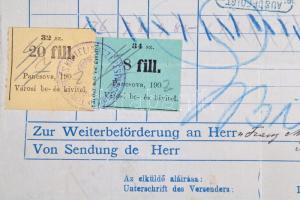 1902 DDSG fuvarlevél 8f + 20f Pancsova városi bélyegekkel / DDSG Bill of lading with Pancsova munici...
