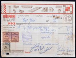 1947 Pécsi szállítólevél 2,10Ft (10f + 1Ft pár) munkanélküli segélybélyegekkel / 2,10 Ft unemployment benefit stamps on delivery note from Pécs