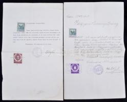 1916-1917 2 Szekszárd városi okmány különböző színű (ibolya ill. vörösesbanra) 1k városi okmánybélyegekkel / 2 documents from city of Szekszárd with 1k document stamps of different colours (violet and redbrown)