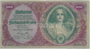 Ausztria/Osztrák-Magyar Bank 1922. 5000K T:III,III- Austria/Oesterreichisch-Ungarische Bank 1922. 5000 Kronen C:F,VG
