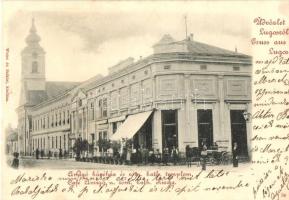 Lugos, Lugoj; Amigó kávéház és Római katolikus templom, kiadja Weisz és Sziklai / cafe, Roman Catholic church