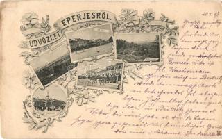 1897 Eperjes, Presov; Fő tér, Petőfi emlék, Fő utca, Várpiac, kiadja Divald / square, memorial, street, market, floral (kis szakadás / small tear)