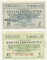 Budapest 1931. "26. Magyar Királyi Osztálysorsjáték" 1/4 sorsjegy, második osztály + 1942. "47. Magyar Királyi Osztálysorsjáték" 1/8 sorsjegy, ötödik osztály, bélyegzéssel T:II,II-