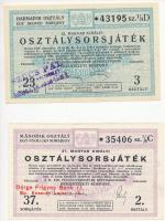 Budapest 1929. "23. Magyar Királyi Osztálysorsjáték" 1/4 sorsjegy, harmadik osztály, bélyegzéssel + 1936. "37. Magyar Királyi Osztálysorsjáték" 1/8 sorsjegy, második osztály, bélyegzéssel T:I,II