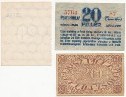 Budapest ~1919. "Pesti Hírlap" 20f + Pécs 1919. 20f házipénztár-pénztárjegy + DN "Aut...