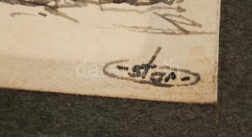 Sostarics Lajos (1896-1968): Erzsébet tér 1945, vegyes technika, papír, jelzett, 14,5×10 cm