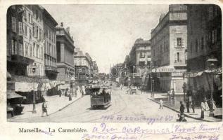 Marseille, La Cannebiére, shop of E. Mouret, trams, 5 Filler Ga. (cut)