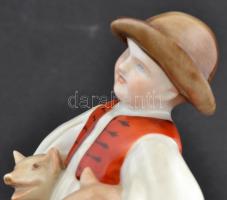 Herendi malacokat vivő fiú (Vastaghné), kézzel festett, hibátlan, jelzett, m:19 cm