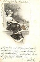 6 db RÉGI motívum képeslap, hölgyek, 2 lithoval / 6 old motive postcards, ladies, with 2 lithos