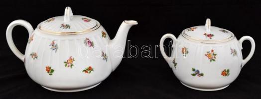 Hüttl Tivadar hiányos teás készlet, kézzel festett, jelzett (Epiag), egyik csészealjon hajszálrepedé...