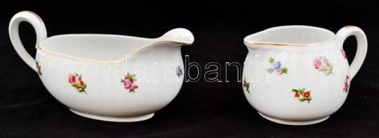 Hüttl Tivadar hiányos teás készlet, kézzel festett, jelzett (Epiag), egyik csészealjon hajszálrepedé...