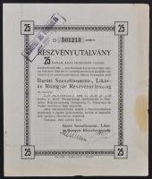 Budapest 1923. "Baróti Szeszfinomító-, Likőr- és Rumgyár Részvénytársaság" részvényutalvány 25db részvényről egyenként 200K-ról T:III