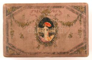 Vászon borítású régi női persely doboz, fém betéttel, kulcssal