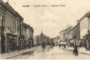 Újvidék, Novi Sad; Püspöki palota, Böhm Ignácz üzlete, villamos / bishop&#039;s palace, shop, tram (fa)