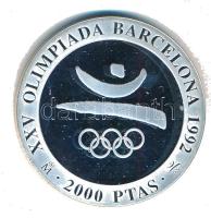 Spanyolország 1990. 2000P Ag "1992 Olimpia - Olimpiai szimbólum" eredeti fa díszdobozban, tanúsítvánnyal T:PP  Spain 1990. 2000 Pesetas Ag "1992 Olympics - Symbols" in original wooden case, with certificate C:PP