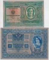 1902. 1000K + 1912. 100K mindkettő piros "Deutschösterreich" felülbélyegzéssel T:III