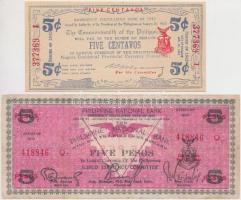 Fülöp-szigetek / Bacolod / Negros Occidental Provincial Currency Committee 1942. 5c + Iloilo Currency Committee 1943. 5P T:I-,III  Philippines / Bacolod / Negros Occidental Provincial Currency Committee 1942. 5 Centavos + Iloilo Curreny Committee 1943. 5 Pesos C:AU,F