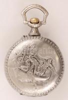 Porcelán számlapos fém tokos zsebóra, hátlapján életképes jelenettel, működik