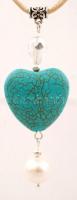 Türkiz-kagyló elemekkel díszített ékszerszett, mutatós fülbevalóval és selyemzsinóron függő szív ala...