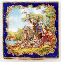 Zománcba foglalt porcelán fedeles, aranyozott ezüst (Ag.) tartó, gillosált, benne tükörrel, jelzett,...