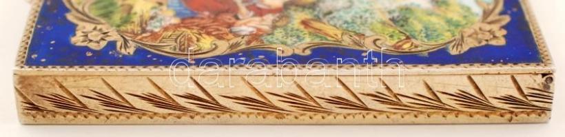 Zománcba foglalt porcelán fedeles, aranyozott ezüst (Ag.) tartó, gillosált, benne tükörrel, jelzett,...