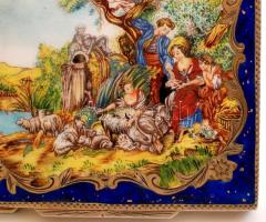 Zománcba foglalt porcelán fedeles, aranyozott ezüst (Ag.) tartó, gillosált, benne tükörrel, jelzett,...